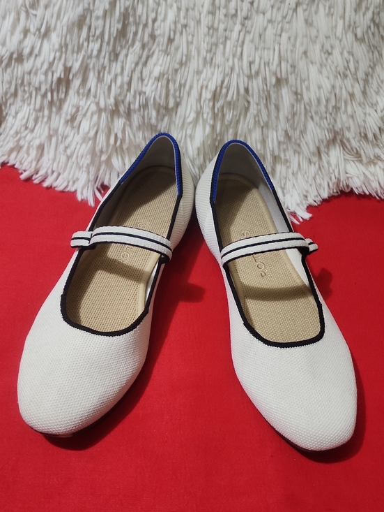Rothy's Shoes - Rothy's The Square  Cream Mary Jane Flats with Black Trim and Blue Edge